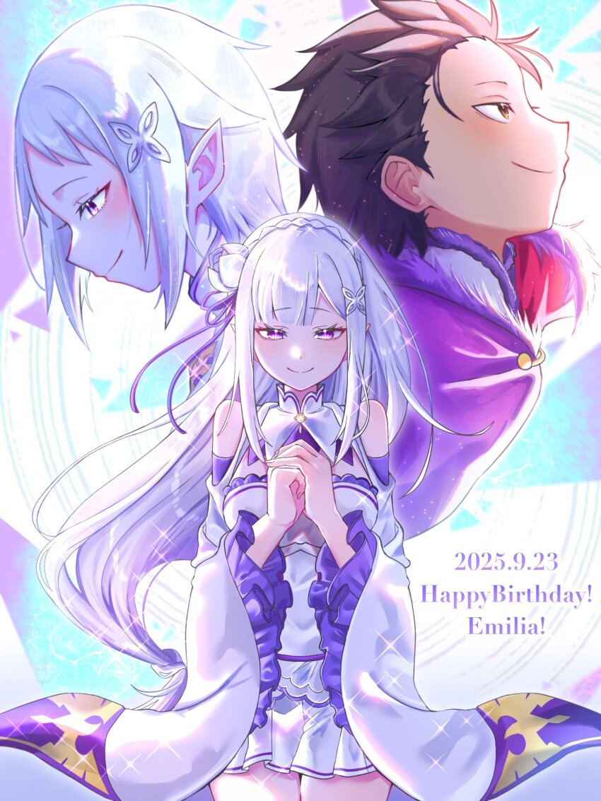 1boy 2girls black_hair blunt_bangs blush braid breasts brown_eyes crown_braid dated detached_sleeves dress emilia_(re:zero) flower fortuna_(re:zero) hair_flower hair_ornament hair_ribbon hair_slicked_back happy_birthday highres long_hair low-tied_long_hair medium_breasts miniskirt multiple_girls natsuki_subaru nesigita_rezero own_hands_together pleated_skirt pointy_ears purple_eyes purple_ribbon re:zero_kara_hajimeru_isekai_seikatsu ribbon rose short_hair skirt smile white_flower white_hair white_rose x_hair_ornament