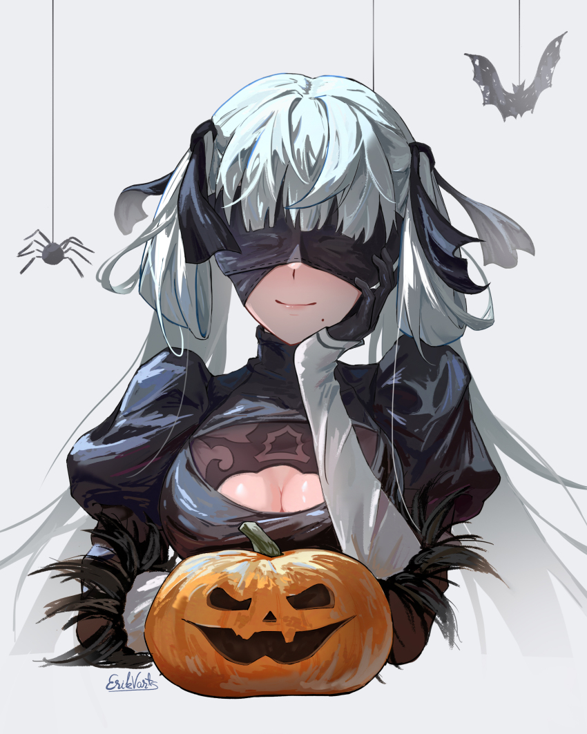 1girl 2b_(nier:automata) 2b_(nier:automata)_(cosplay) absurdres bat_(animal) black_bow black_dress blindfold bow breasts bug cleavage closed_mouth commentary cosplay dress english_commentary erikvarts facing_viewer hair_bow halloween_costume hand_on_own_face highres jinhsi_(wuthering_waves) large_breasts long_hair low_twintails mole mole_under_mouth nier:automata nier_(series) pumpkin signature smile solo spider straight-on twintails two_side_up very_long_hair white_hair wuthering_waves