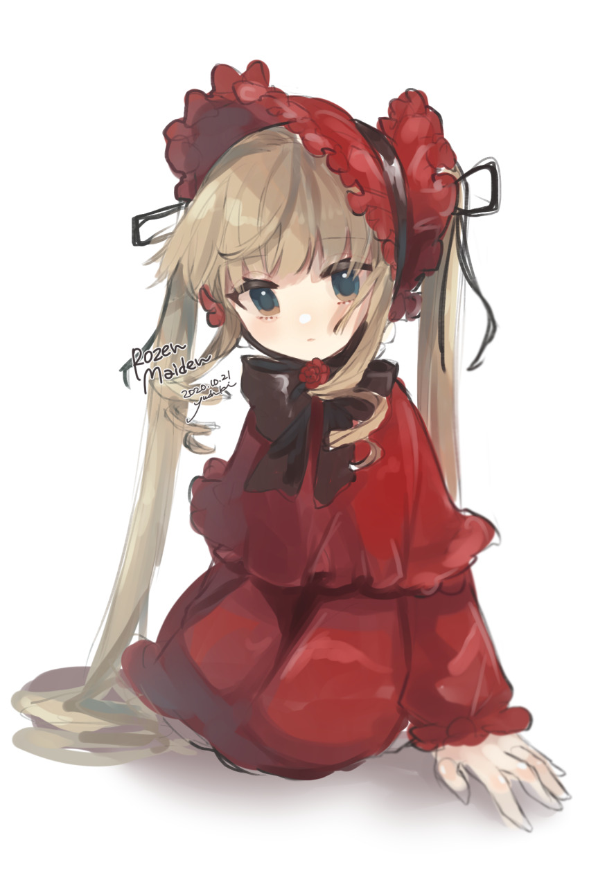 1girl blonde_hair blue_eyes bonnet botan_yuduki dress frilled_bonnet frills highres kneeling looking_at_viewer red_bonnet red_dress rozen_maiden shinku solo twintails white_background