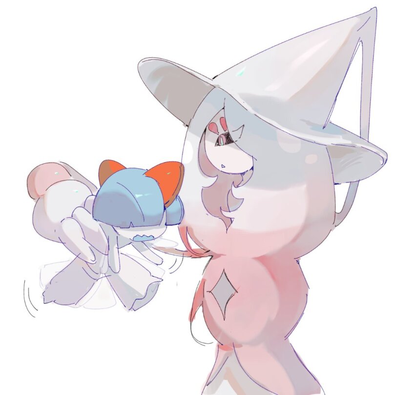 alternate_color black_sclera blue_hair bowl_cut colored_sclera from_side gen_3_pokemon gen_8_pokemon hair_over_eyes hat hatterene horns multicolored_hair nintendo pokemon pokemon_(creature) prehensile_hair ralts shiny_pokemon shuri_0818 simple_background white_background witch_hat