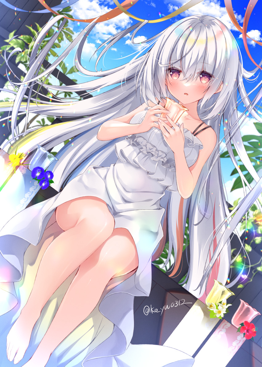 1girl bare_arms bare_shoulders barefoot blue_flower blue_sky breasts cloud collarbone commentary_request day dress flower grey_hair hair_between_eyes highres holding ko_yu long_hair medium_breasts original outdoors red_eyes red_flower sky sleeveless sleeveless_dress solo sundress very_long_hair white_dress white_flower yellow_flower