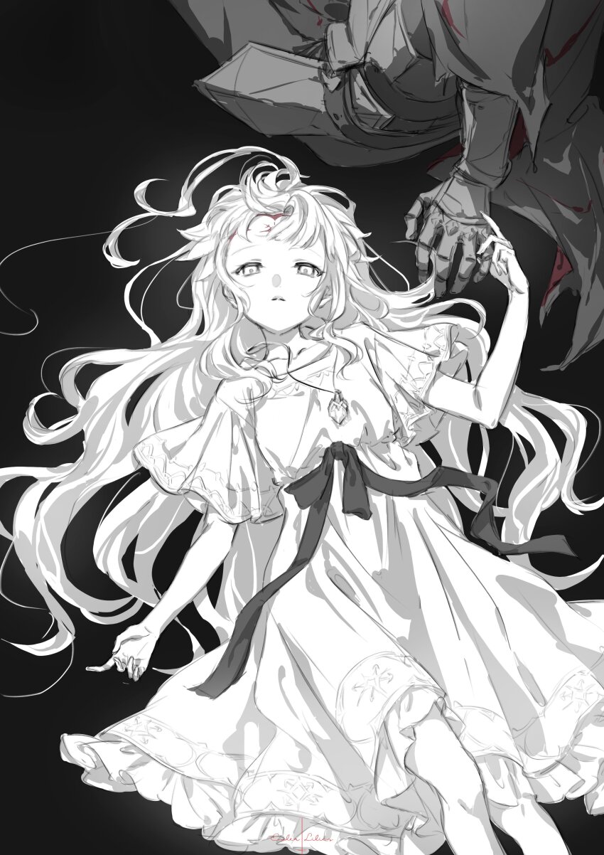 1boy 1girl absurdres dress ender_lilies_quietus_of_the_knights expressionless facial_mark forehead_mark hair_spread_out highres jewelry knight lily_(ender_lilies) long_hair looking_at_viewer lying masu0o0 monochrome necklace on_back sketch solo_focus spot_color umbral_knight_(ender_lilies)
