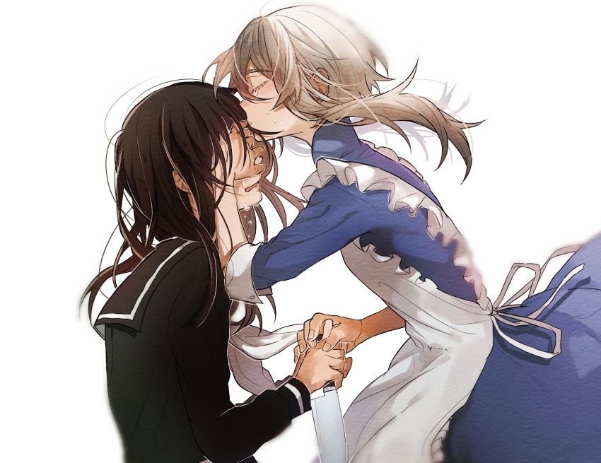 2girls apron attempted_suicide black_hair black_sailor_collar black_serafuku blue_dress buttoned_cuffs buttons closed_eyes collared_dress colored_eyelashes comforting covering_another&#039;s_eyes crying dress frilled_apron frills hand_on_another&#039;s_face highres hii_(aisiteru6918moon) holding holding_hands holding_knife kagerou_project kiss kissing_forehead kitchen_knife knife kozakura_marry long_hair long_sleeves mekakucity_actors messy_hair multiple_girls neckerchief no_scarf open_mouth sad sailor_collar school_uniform serafuku simple_background sleeve_cuffs three-quarter_sleeves tateyama_ayano tears wavy_mouth white_apron white_background white_hair white_neckerchief