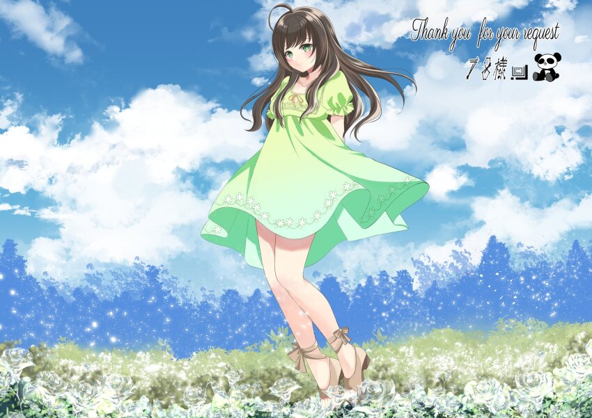1girl blue_sky brown_hair dress green_dress highres niizuru_mafuyu sky station_memories
