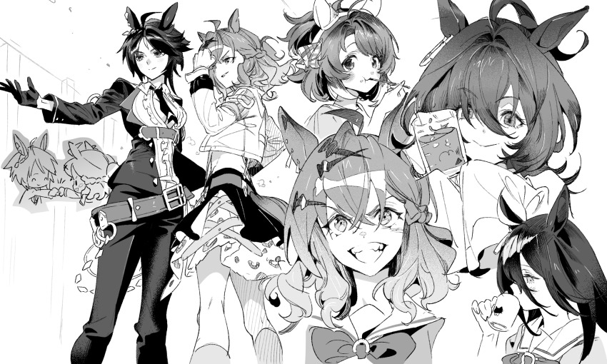 5girls agnes_tachyon_(umamusume) ahoge animal_ears belt blush bow bowtie center_frills chibi chiltaku clenched_hand closed_mouth clothing_cutout collared_shirt cropped_jacket cup dantsu_flame_(umamusume) drinking ear_covers eating fist_bump food food_on_face frills fuji_kiseki_(umamusume) gloves greyscale grin hair_between_eyes highres holding holding_beaker holding_spoon horse_ears horse_girl horse_tail ice_cream_spoon jacket jungle_pocket_(umamusume) long_hair long_sleeves looking_at_viewer manhattan_cafe_(umamusume) monochrome multiple_girls multiple_views necktie notched_ear pants ponytail school_uniform shirt short_hair short_ponytail skirt sleeves_past_fingers sleeves_past_wrists smile spoon standing tail tail_through_clothes tracen_school_uniform umamusume umamusume:_beginning_of_a_new_era v-shaped_eyebrows