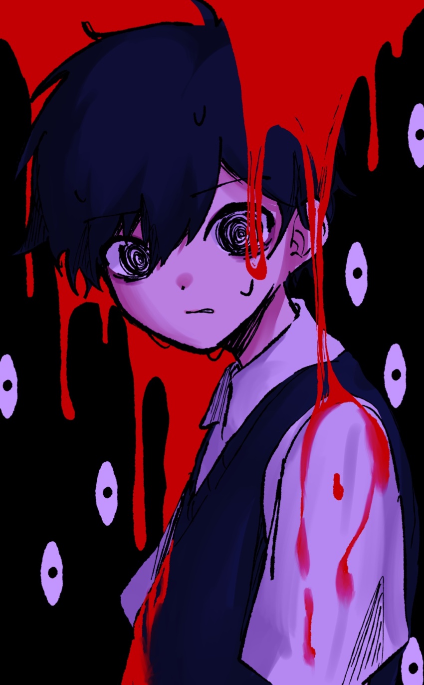 1boy @_@ antenna_hair black_eyes black_hair black_sweater_vest blood blood_on_clothes closed_mouth collared_shirt commentary double-parted_bangs hair_between_eyes highres imo_mo_0 male_focus omori shirt short_hair short_sleeves solo something_(omori) sunny_(omori) sweat sweater_vest symbol-only_commentary upper_body white_shirt