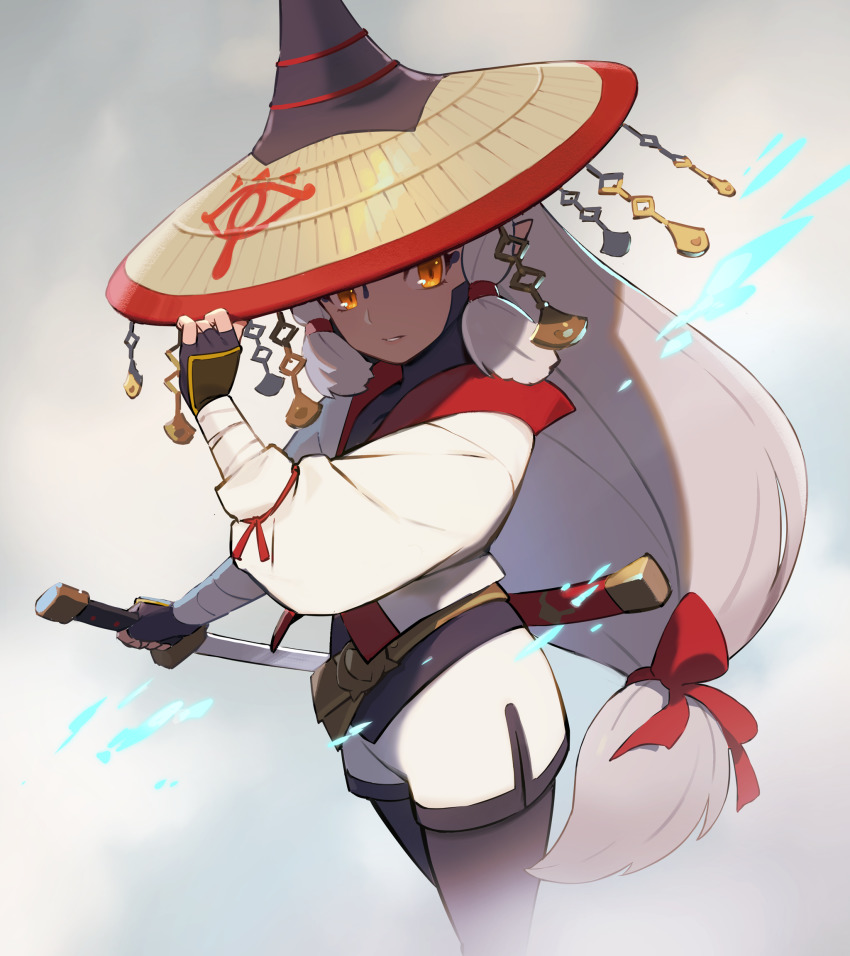 1girl blanco026 bodysuit bodysuit_under_clothes hat highres hyrule_warriors:_age_of_calamity impa kodachi long_hair low-tied_long_hair nintendo pantyhose pointy_ears sheikah short_sword shorts solo sword the_legend_of_zelda the_legend_of_zelda:_breath_of_the_wild very_long_hair weapon white_hair
