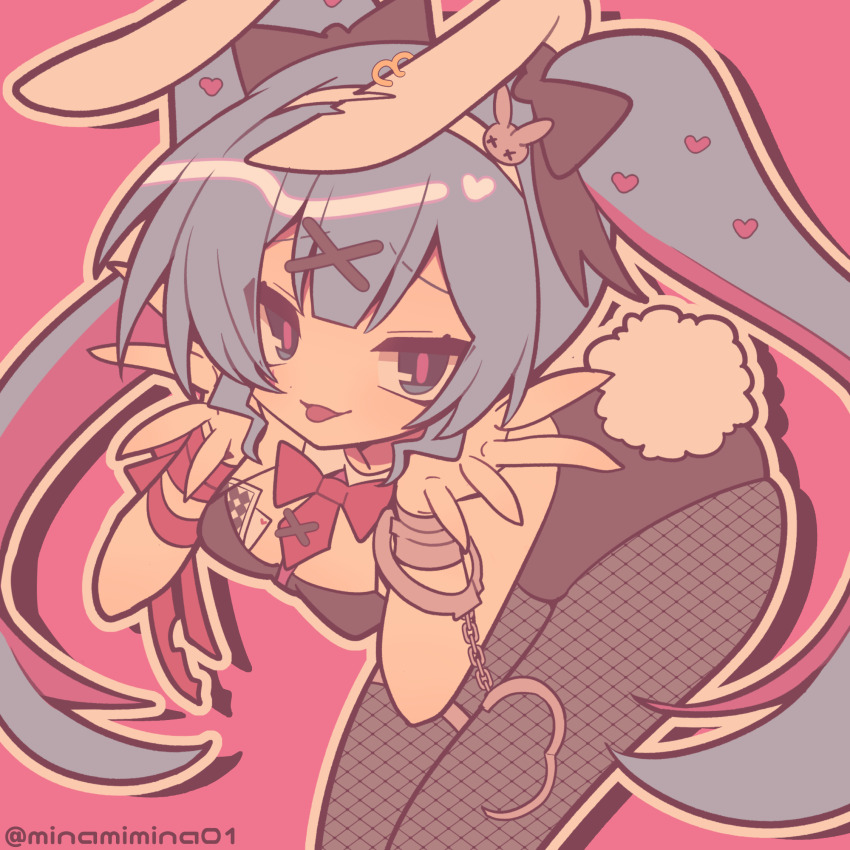 2000s_(style) ace_(playing_card) ace_of_hearts black_leotard card clothing_cutout cuffs fishnet_pantyhose fishnets hair_ornament handcuffs hatsune_miku heart heart_cutout highres leotard minami_mina pantyhose pink_pupils playboy_bunny playing_card pole rabbit_hole_(vocaloid) stripper_pole vocaloid x_hair_ornament
