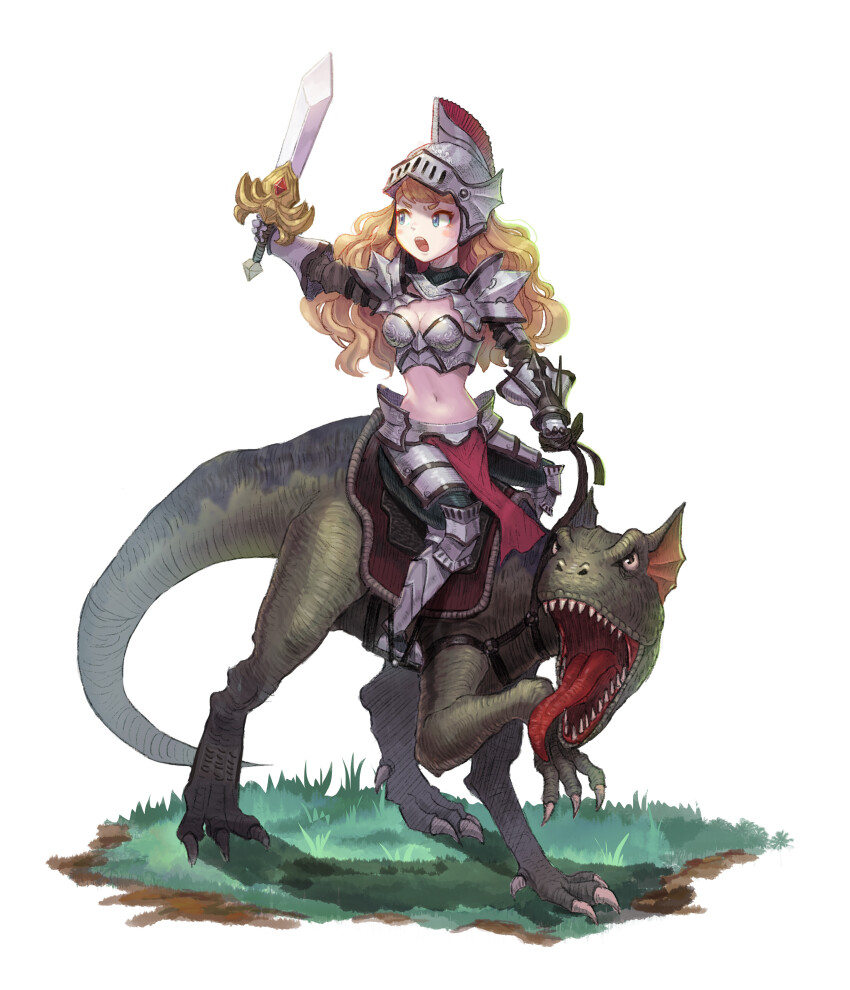 1girl absurdres arm_up armor armored_boots blonde_hair blue_eyes blush boots breastplate breasts claws cleavage commentary ddcc0123 dinosaur english_commentary faulds full_body gauntlets gem grass grey_boots grey_headwear helmet highres holding holding_sword holding_weapon long_hair looking_afar looking_to_the_side navel open_mouth original pelvic_curtain red_gemstone riding riding_dinosaur saddle sharp_teeth shoulder_armor small_breasts solo sword teeth tongue tongue_out upper_teeth_only weapon white_background