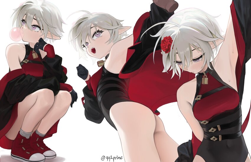 1girl absurdres ahoge armpits black_gloves black_leotard blowing_bubble_gum blowing_bubbles breasts chewing_gum commentary flower framed_breasts gloves grey_eyes hair_flower hair_ornament heattech_leotard high_tops highres jacket leotard lock_necklace multiple_views off_shoulder open_clothes open_jacket original pointy_ears red_flower red_footwear shoes simple_background small_breasts sneakers socks suso199 sweat symbol-only_commentary turtleneck twitter_username two-sided_fabric two-sided_jacket white_background white_socks