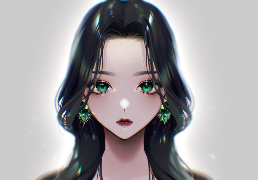 1girl bitaro black_hair earrings eyelashes gem green_eyes green_gemstone grey_background highres jewelry lips lipstick looking_at_viewer makeup original portrait red_lips solo sparkle straight-on