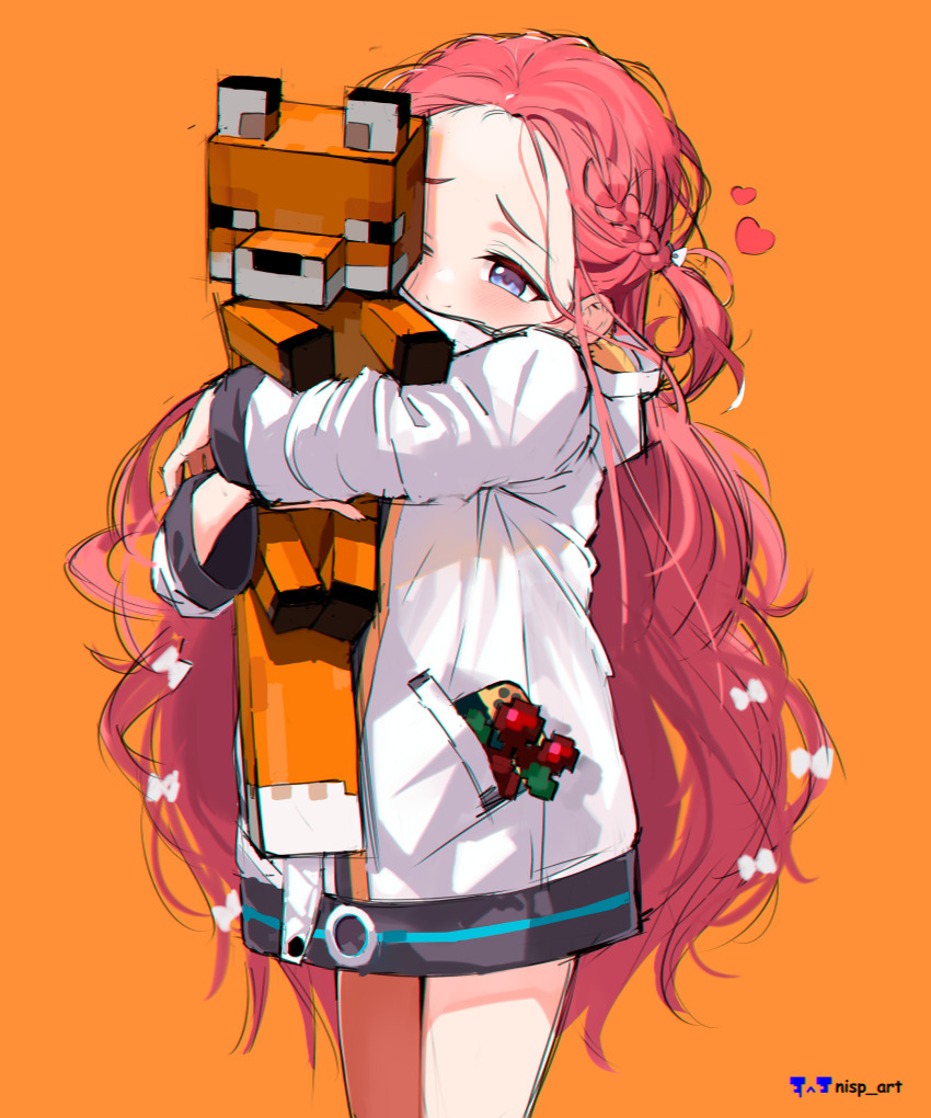 1girl absurdres animal animal_hug artist_name berry blue_archive blue_eyes braid closed_mouth fox fox_(minecraft) handheld_game_console heart highres jacket long_hair minecraft nisp_art orange_background pink_hair smile white_jacket yuzu_(blue_archive)