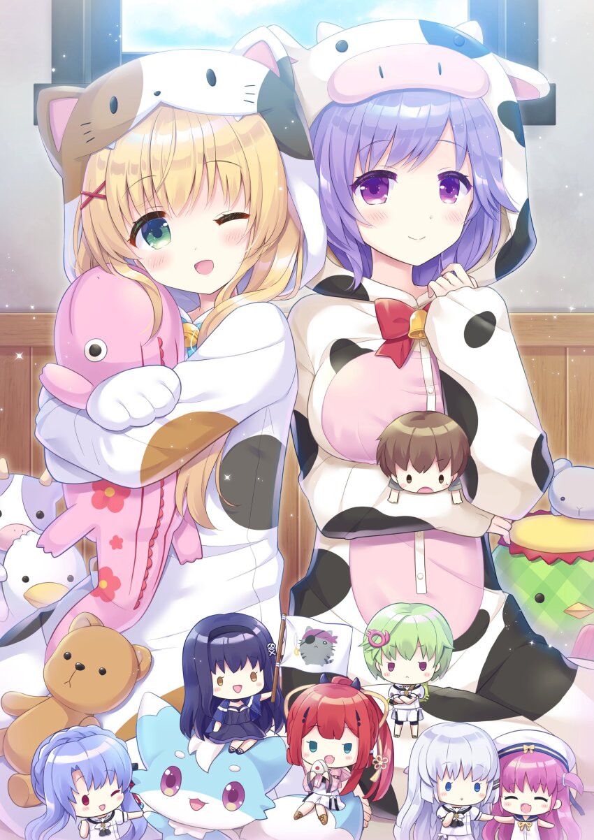 2girls ;d absurdres animal_costume animal_ears animal_hands animal_print bell blonde_hair blue_bow blush bow cat_costume cat_ears character_doll closed_mouth colored_eyelashes commentary_request cosplay cow_costume cow_ears cow_print cowbell day doll fake_animal_ears feet_out_of_frame floral_print gloves green_eyes hand_up happy highres holding holding_stuffed_toy hood hood_up hoshimame_mana inari_(summer_pockets) indoors jingle_bell kamiyama_shiki katou_umi kigurumi kushima_kamome long_hair long_sleeves looking_at_viewer mizuori_shizuku multiple_girls naruse_shiroha neck_bell nomura_miki official_alternate_costume one_eye_closed open_mouth paw_gloves promotional_art purple_eyes purple_hair red_bow second-party_source sitting smile sorakado_ao stuffed_animal stuffed_cow stuffed_crocodile stuffed_duck stuffed_kappa stuffed_toy summer_pockets takahara_hairi teddy_bear tsumugi_wenders window