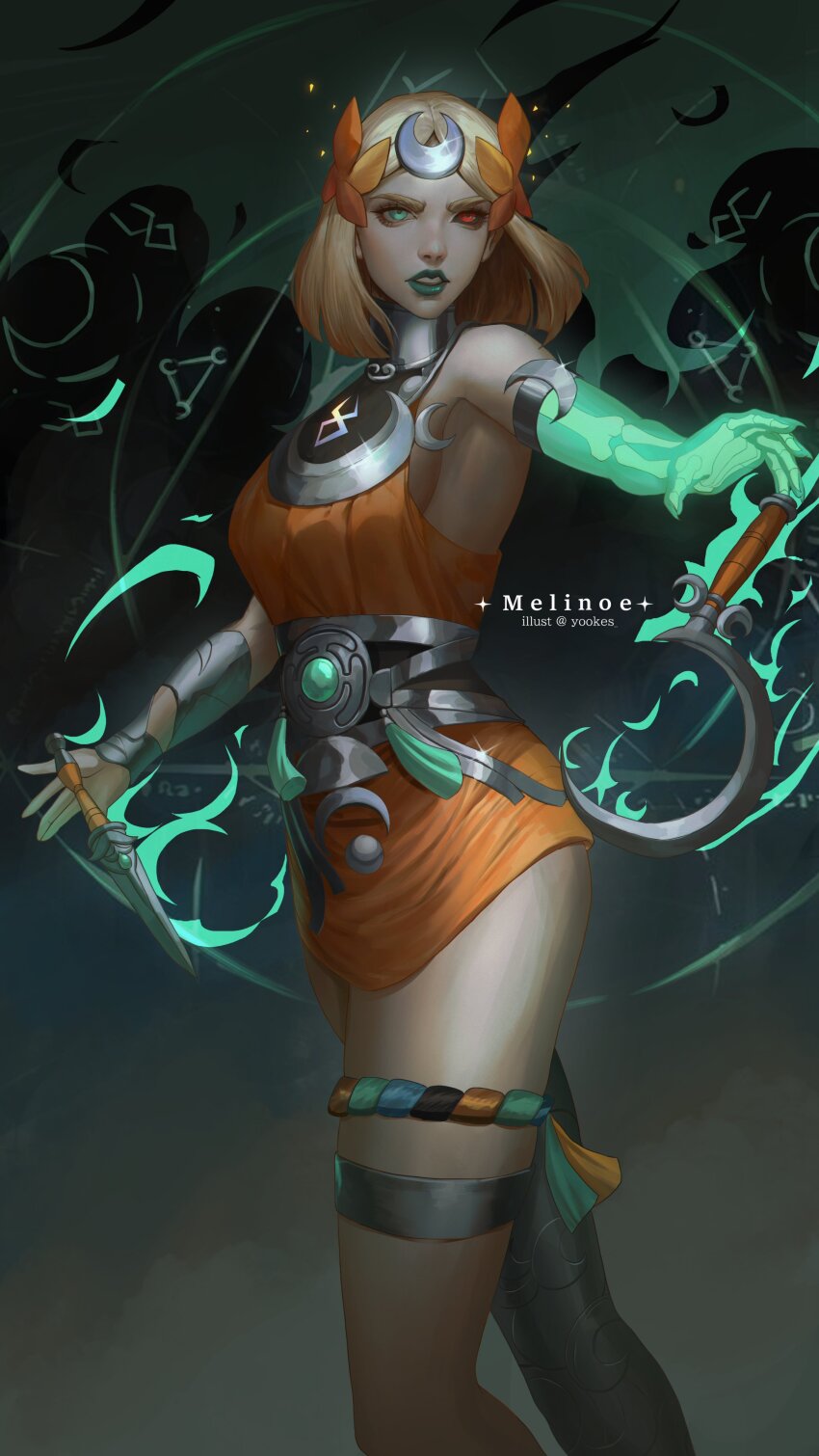 1girl absurdres ancient_greek_clothes asymmetrical_arms black_sclera blonde_hair bone colored_sclera dress glowing_arm greco-roman_clothes green_lips hades_(series) hades_2 highres holding_sickle knife laurel_crown melinoe_(hades) mismatched_sclera orange_dress red_eyes see-through_body sickle skeletal_arm yuki_lu