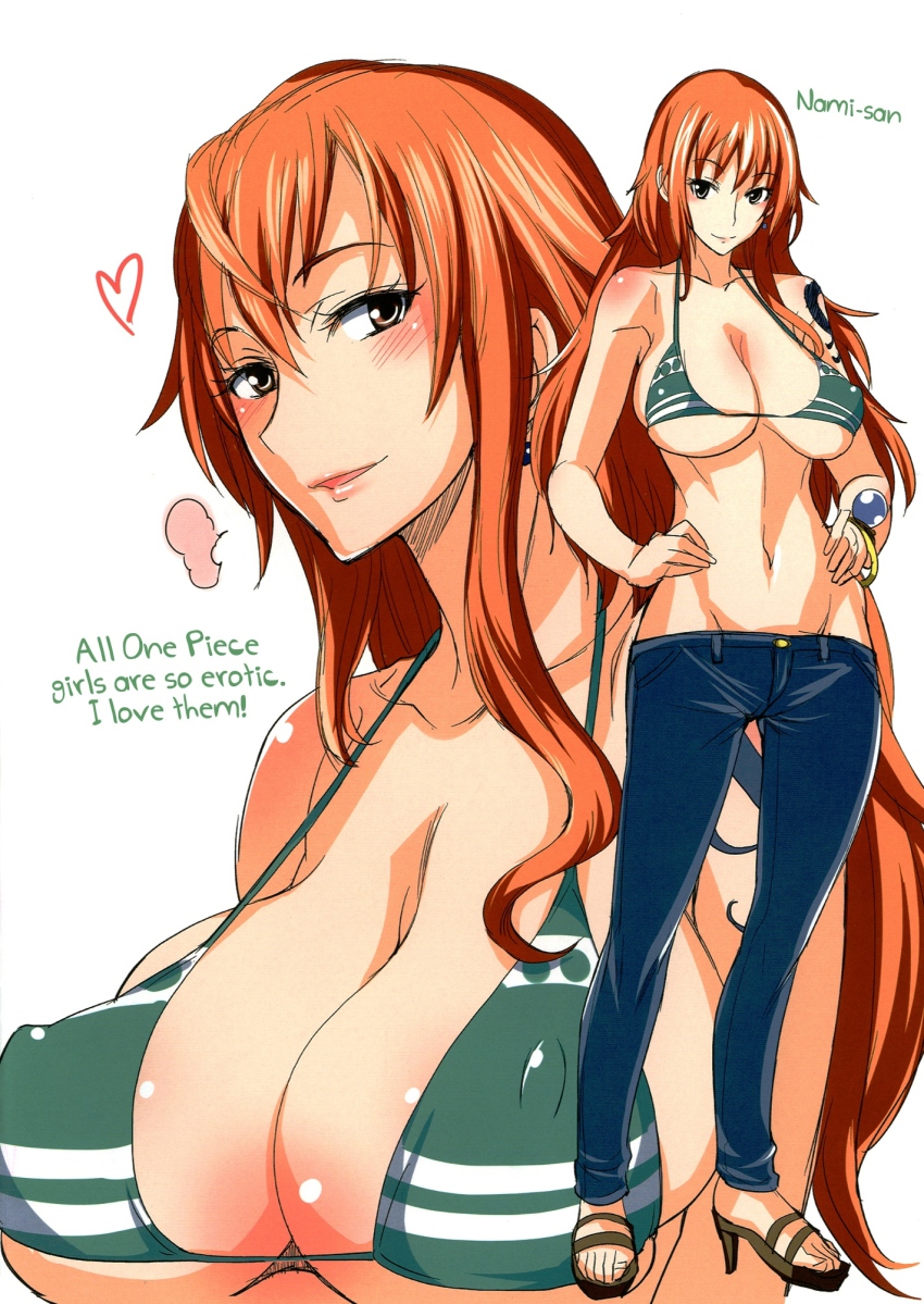 1girl bikini bikini_top_only bracelet breasts cleavage female_focus highres isao jewelry large_breasts long_hair nami_(one_piece) navel one_piece orange_hair smile solo swimsuit tattoo underboob