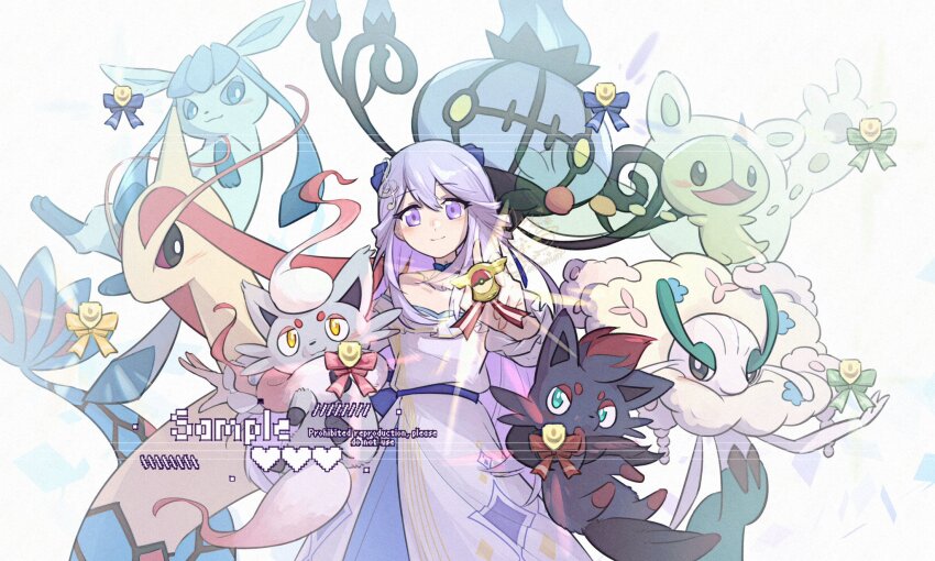 2girls animal_hands belt black_eyes black_fur blue_belt blue_bow blue_choker blue_eyes blue_sclera bow bright_pupils chandelure choker colored_sclera colored_skin commission dress florges florges_(white_flower) fox full_body gen_3_pokemon gen_4_pokemon gen_5_pokemon gen_6_pokemon glaceon green_bow grey_fur hair_ornament hairclip highres hisuian_zorua looking_at_viewer milotic multiple_girls nintendo poke_ball pokemon pokemon_(creature) purple_eyes purple_hair red_bow red_fur red_sclera reuniclus robinlovesop simple_background standing upper_body white_background white_dress white_hair white_pupils white_skin yellow_bow yellow_eyes zorua