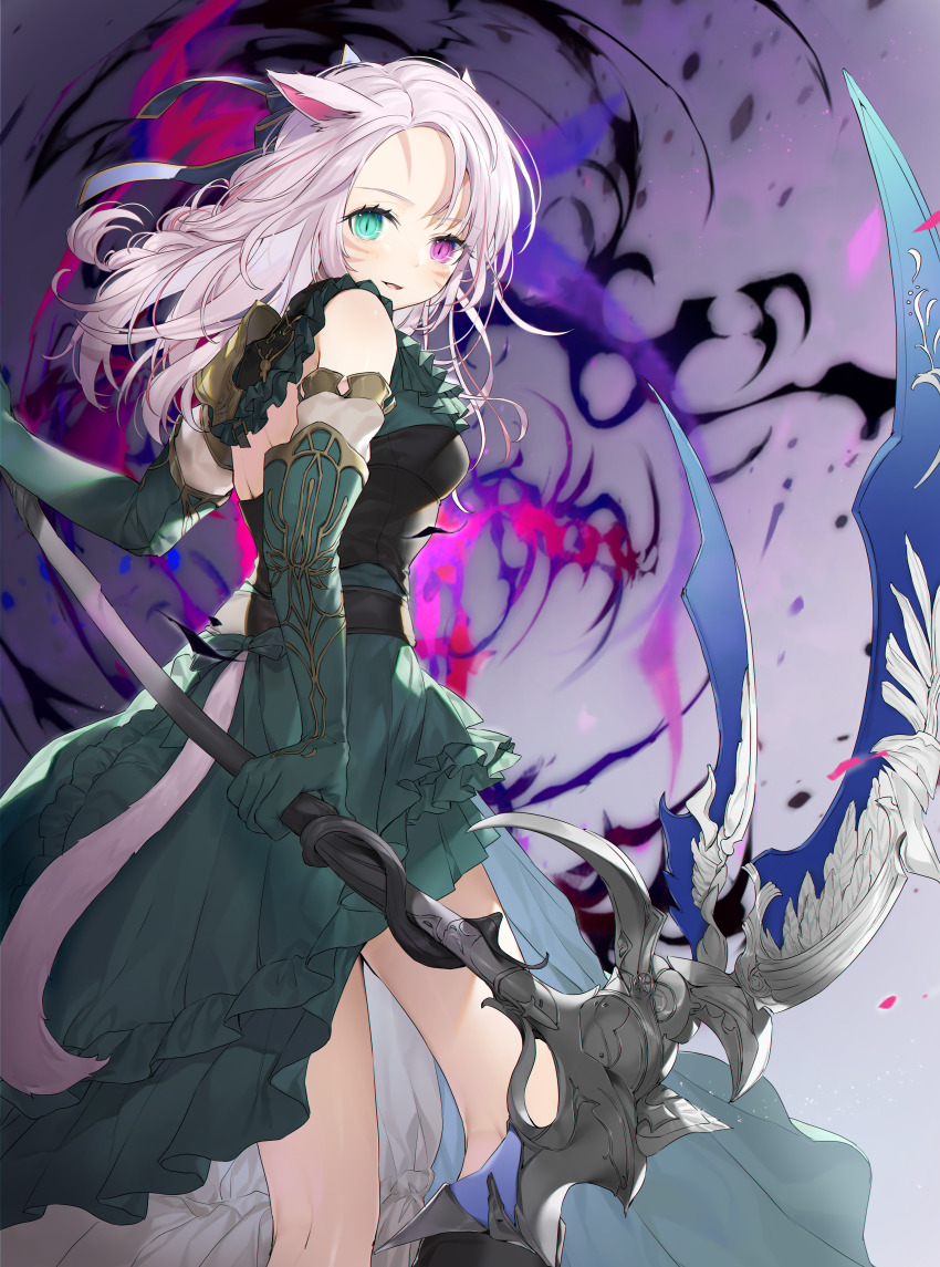 1girl absurdres animal_ears cat_ears cat_girl cat_tail corset detached_sleeves dress facial_mark final_fantasy final_fantasy_xiv green_dress green_eyes hair_ribbon heterochromia highres holding holding_staff long_hair looking_at_viewer miqo&#039;te pink_hair purple_hair ribbon sleeveless sleeveless_dress slit_pupils solo staff tail whisker_markings yana_mori