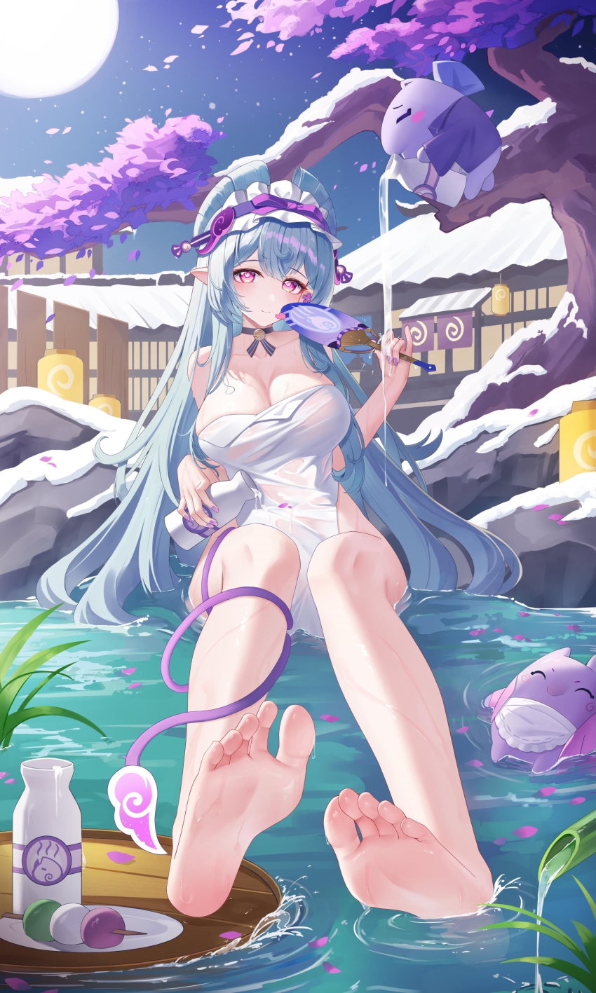1girl absurdres aqua_hair architecture barefoot bottle breasts chinese_commentary cleavage closed_mouth commentary_request dango dango_milk_(genshin_impact) east_asian_architecture feet food foot_focus full_body genshin_impact hand_fan highres holding holding_bottle holding_fan jndfh large_breasts legs maid_headdress naked_towel night night_sky onsen paid_reward_available plate pointy_ears purple_eyes sanshoku_dango shishi_odoshi sky soles tail toes tokkuri towel tree variant_set wagashi yumemizuki_mizuki
