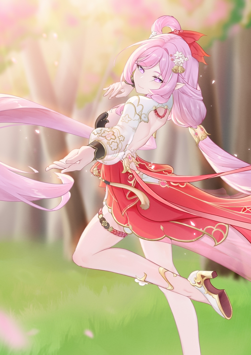1girl bell chinese_clothes chuideng closed_mouth diamond-shaped_pupils diamond_(shape) dress elysia_(herrscher_of_human:_ego)_(honkai_impact) elysia_(honkai_impact) elysia_(peachy_spring)_(honkai_impact) flower grass hair_bell hair_flower hair_ornament hair_rings high_heels highres honkai_(series) honkai_impact_3rd long_hair long_sleeves looking_at_viewer low-tied_long_hair low_twintails outdoors pink_eyes pink_hair pointy_ears single_hair_ring smile solo standing standing_on_one_leg symbol-shaped_pupils tassel thigh_strap tree twintails very_long_hair
