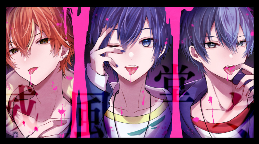 3boys :p aoyagi_touya blonde_hair blood blue_eyes blue_hair blue_nails grey_eyes grey_hair hair_between_eyes ifuudoudou_(vocaloid) jewelry kaito_(vocaloid) long_sleeves looking_at_viewer male_focus mole mole_under_eye multicolored_hair multiple_boys necklace nmtmkundayo one_eye_closed open_mouth orange_hair pink_blood project_sekai shinonome_akito short_hair smile split-color_hair streaked_hair tongue tongue_out two-tone_hair upper_body vocaloid