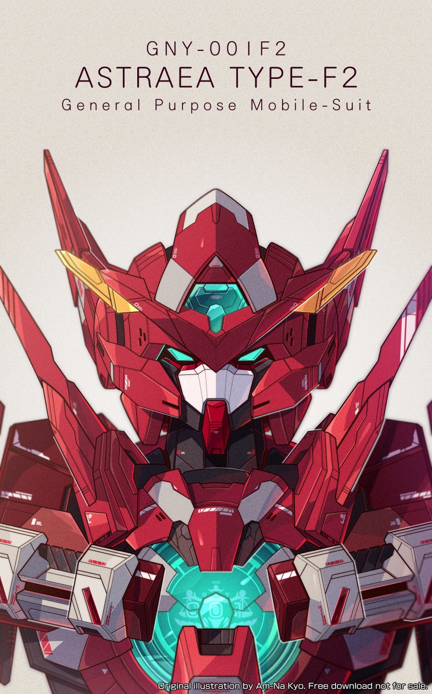 absurdres aqua_eyes artist_name azzalea character_name commentary english_commentary gradient_background green_eyes gundam gundam_00 gundam_00f gundam_astraea_type-f highres looking_at_viewer mecha mobile_suit no_humans portrait robot science_fiction solo v-fin