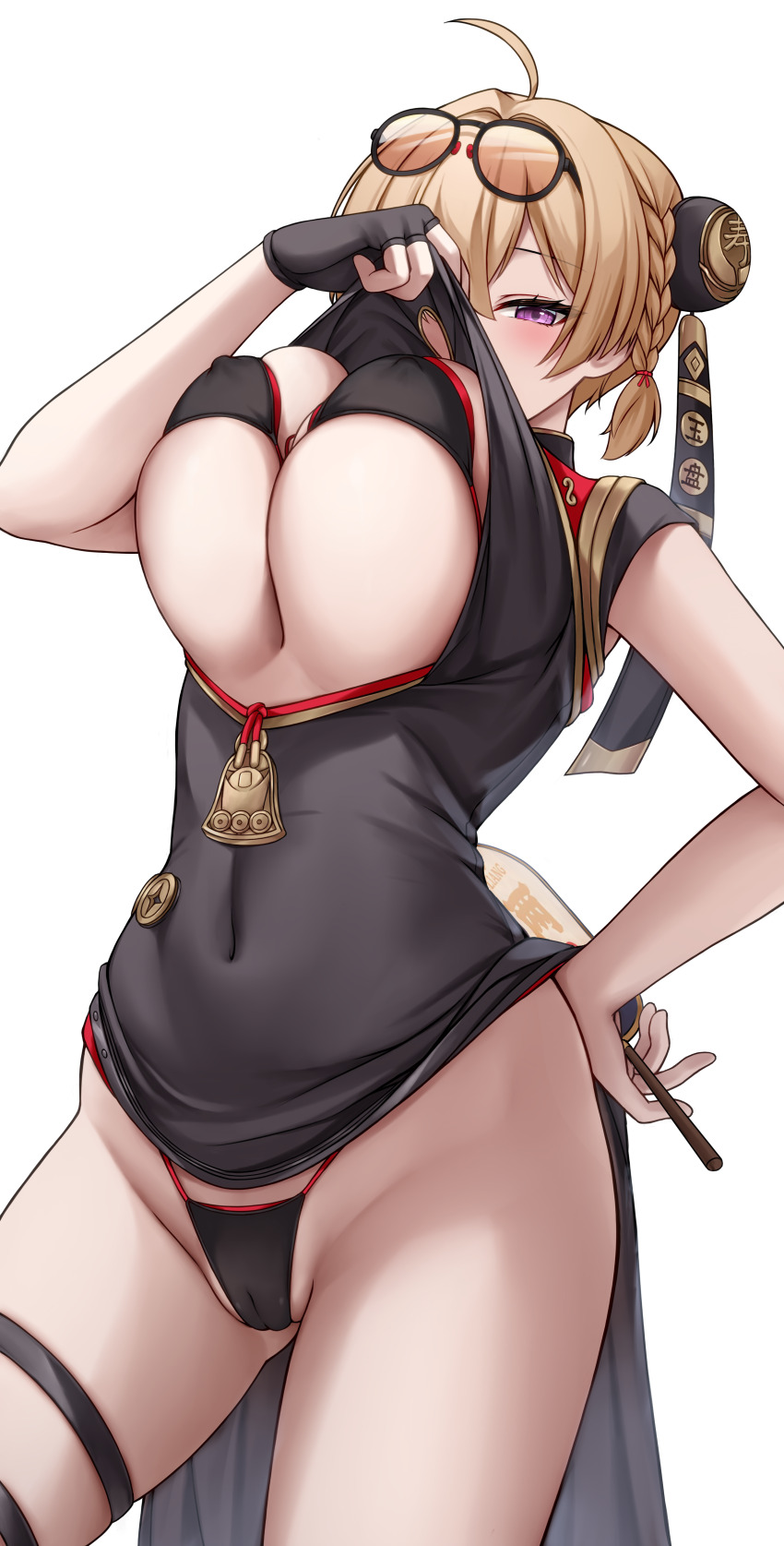 1girl absurdres ahoge black_bra black_dress black_gloves black_panties blonde_hair bra breast_lift breasts cameltoe chien_zero china_dress chinese_clothes clothes_pull commentary_request dress dress_pull eyewear_on_head fingerless_gloves gloves hand_on_own_hip highres large_breasts panties purple_eyes revision simple_background solo sunglasses sweety_(zenless_zone_zero) thigh_strap underboob underwear white_background zenless_zone_zero