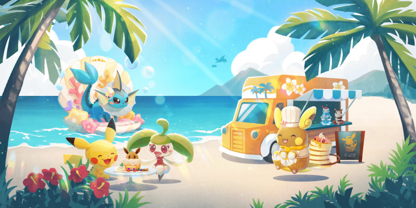 :3 alolan_form alolan_raichu alolan_raichu_(pancake_chef) artist_request beach blush blush_stickers character-themed_food chef_hat closed_eyes closed_mouth cloud day eevee floating flower food food_truck gen_1_pokemon gen_7_pokemon hat highres mountain nintendo no_humans official_art open_mouth outdoors palm_tree pancake pancake_stack pikachu pokemon pokemon_(creature) pokemon_cafe_remix pokemon_focus red_flower sand shirt smile star_(symbol) steenee sunlight table third-party_source tree vaporeon vaporeon_(tropical) water white_hat white_shirt
