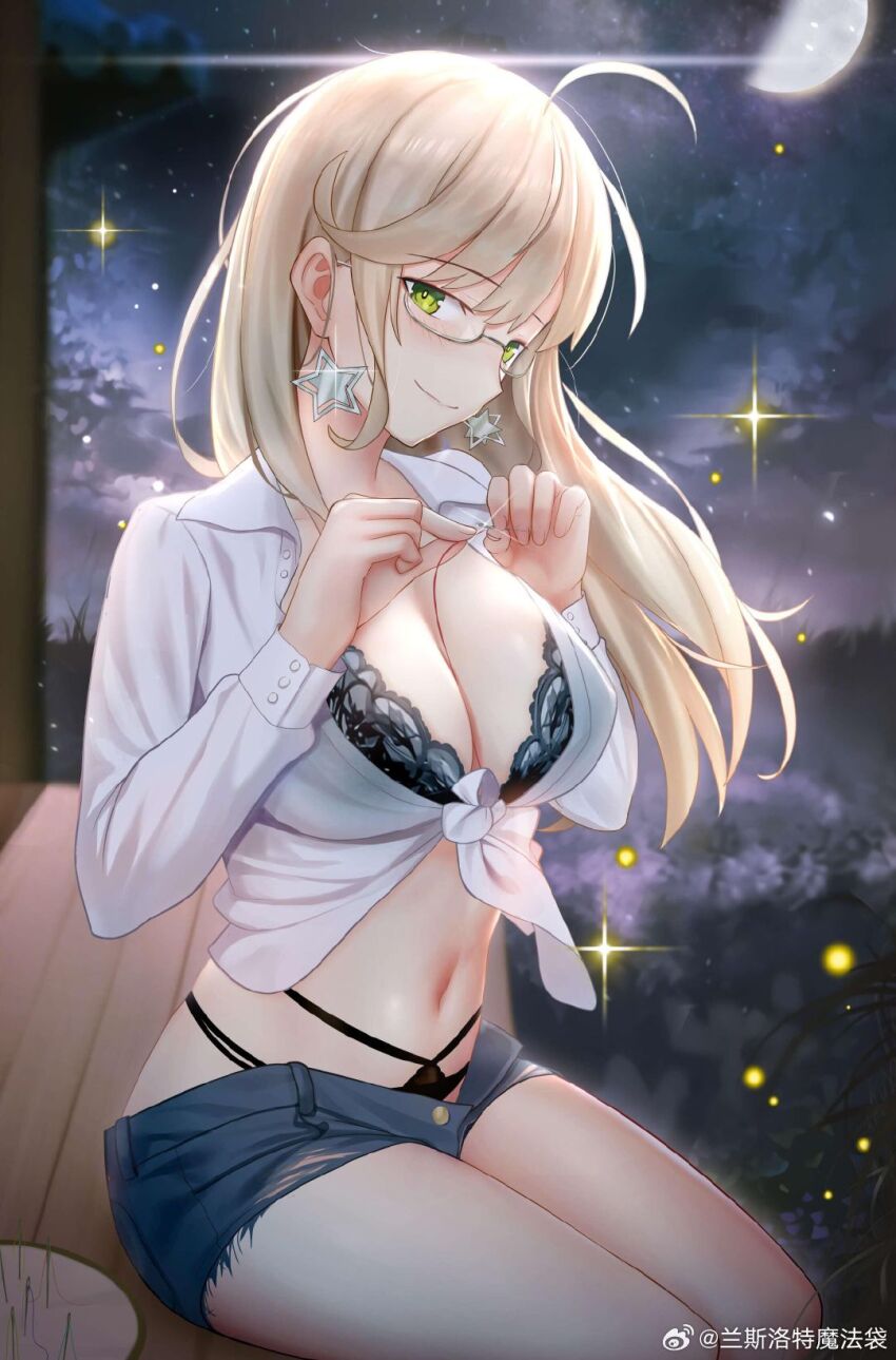 1girl ahoge alternate_costume bench black_bra black_panties blonde_hair bra breasts cleavage closed_mouth collared_shirt cutoffs denim denim_shorts earrings glasses green_eyes highleg highleg_panties highres jewelry large_breasts long_hair long_sleeves looking_at_viewer midriff missouri_(warship_girls_r) moon navel night night_sky open_clothes open_fly open_shirt outdoors panties shirt short_shorts shorts sitting sky smile solo star_(symbol) star_earrings stomach thighs tied_shirt unbuttoned underwear warship_girls_r watermark weibo_watermark white_shirt