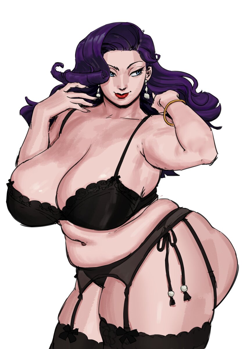 1girl ass black_bra black_panties black_thighhighs blue_eyes bra bracelet breasts cleavage earrings from_side garter_belt garter_straps hair_over_one_eye huge_ass huge_breasts jewelry jururenu lace lace-trimmed_bra lace-trimmed_thighhighs lace_trim lingerie lips long_hair mature_female navel original panties plump purple_hair red_lips side-tie_panties smile solo standing thick_thighs thighhighs thighs underwear wavy_hair white_background