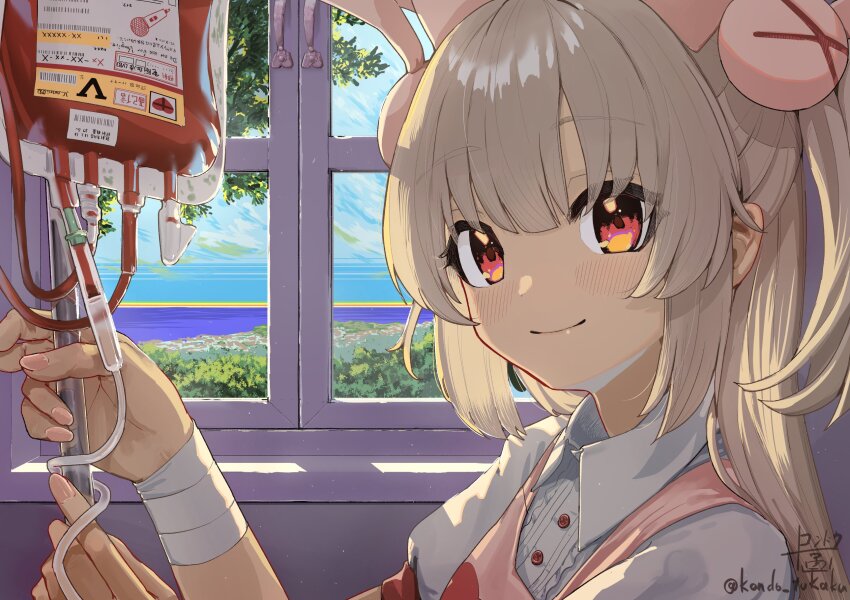 1girl apron bandaged_wrist bandages blonde_hair blood blood_bag blush closed_mouth commentary hair_ornament hashtag-only_commentary hat highres iv_stand long_hair looking_at_viewer merooon natori_sana natori_sana_(nurse) nurse_cap pink_apron pink_hat rabbit_hair_ornament red_eyes sana_channel shirt signature solo twitter_username virtual_youtuber white_shirt window