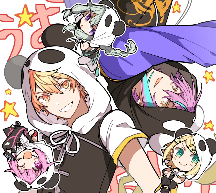 2boys 3girls absurdres animal_hood black_hood black_pants black_shirt blonde_hair blue_hair braid braided_ponytail drawstring green_hair highres hood hoshi-toge kagamine_rin kamishiro_rui kusanagi_nene looking_at_viewer multicolored_hair multiple_boys multiple_girls ootori_emu panda_hood pants pink_eyes pink_hair project_sekai purple_eyes purple_hair purple_sleeves shirt short_hair short_sleeves smile star_(symbol) streaked_hair tenma_tsukasa upper_body vocaloid white_hood wonderlands_x_showtime_(project_sekai) wonderlands_x_showtime_rin yellow_eyes yi_er_fan_club_(vocaloid)