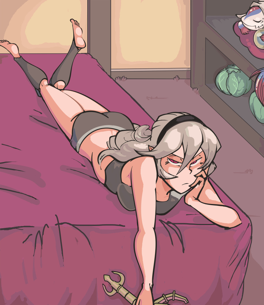 1girl absurdres annoyed arched_back armpits ass back bare_arms barefoot bed bedroom black_bra black_hairband black_panties bookshelf bored bra butt_crack clenched_hands corrin_(female)_(fire_emblem) davewaterfalls eyelashes feet feet_up female_focus fire_emblem fire_emblem_fates fire_emblem_warriors full_body hair_between_eyes hair_ornament hairband head_rest highres holding holding_sword holding_weapon indoors intelligent_systems kneehighs legs lettuce long_hair looking_at_viewer looking_up lying matching_underwear midriff nintendo official_alternate_costume official_underwear on_bed on_stomach panties pointy_ears red_eyes socks soles sports_bra sword toes underwear underwear_only wavy_hair weapon white_hair yato_(fire_emblem)