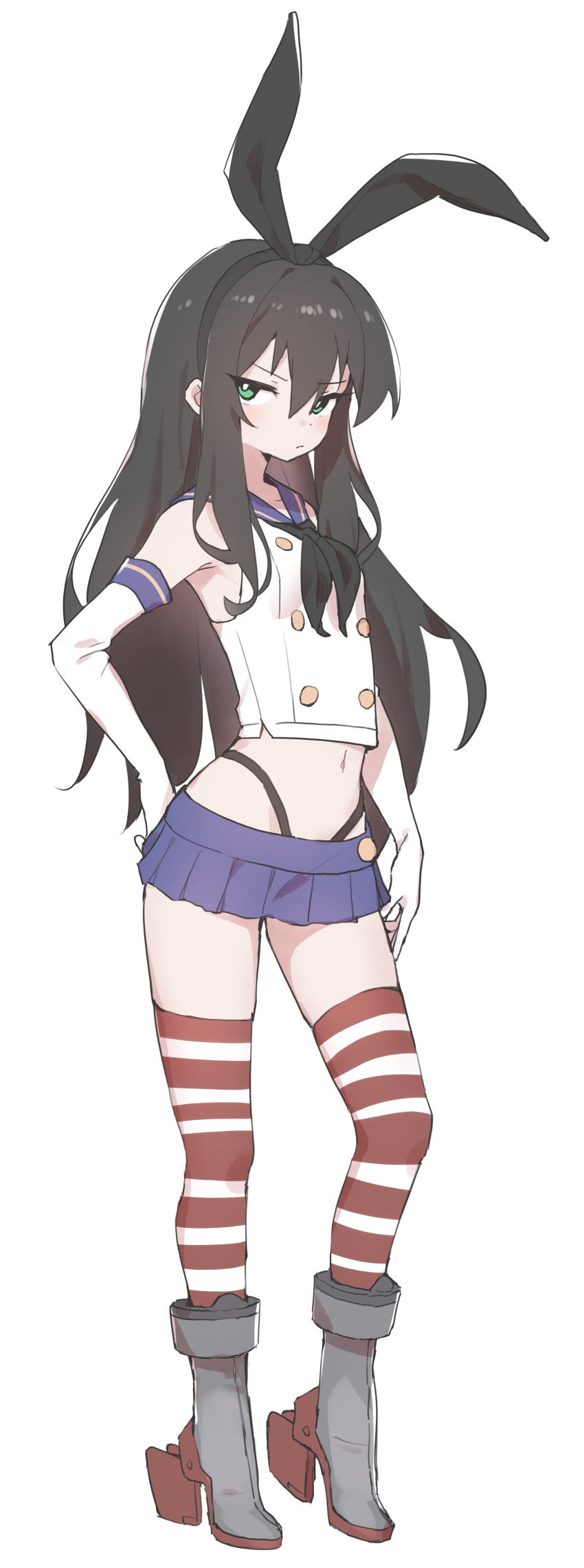 1girl absurdres animal_ears armpits bare_shoulders black_hair black_neckerchief blue_sailor_collar blue_skirt breasts buttons ceres_(hoplitx) closed_mouth cosplay crop_top double-breasted elbow_gloves frown full_body gloves green_eyes grey_shoes hair_ribbon hand_on_own_hip high_heels highleg highres hoplitx kantai_collection long_hair looking_at_viewer microskirt midriff navel neckerchief original pleated_skirt rabbit_ears red_thighhighs revision ribbon rudder_footwear sailor_collar school_uniform serafuku shimakaze_(kancolle) shimakaze_(kancolle)_(cosplay) shirt shoes simple_background skirt sleeveless sleeveless_shirt small_breasts solo standing stomach striped_clothes striped_thighhighs thighhighs thong v-shaped_eyebrows very_long_hair white_background white_gloves white_shirt zettai_ryouiki
