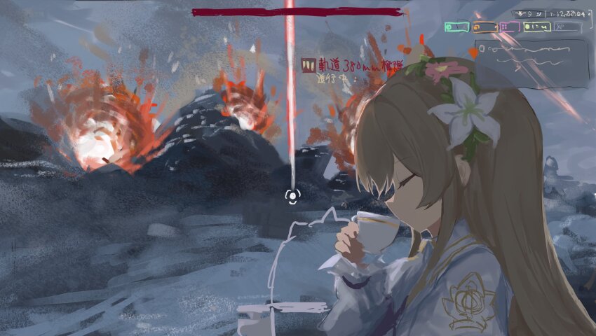 1girl backlighting beacon blue_archive brown_hair closed_eyes closed_mouth cup drinking explosion flower from_side hair_flower hair_ornament heads-up_display helldivers_(series) highres holding holding_cup long_hair long_sleeves nagisa_(blue_archive) outdoors overcast parody reitoubeef shirt sidelocks sky solo teacup translation_request upper_body user_interface white_flower white_shirt