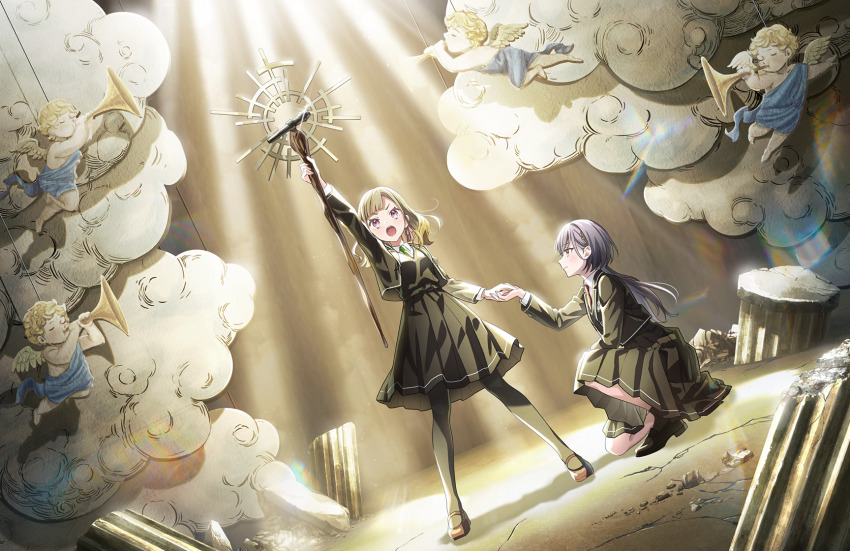 2girls :o black_jacket black_pantyhose black_shoes black_skirt black_socks black_sweater_vest blazer breasts broken_pillar brown_hair brown_shoes ceras_yanagida_lilienfeld ceras_yanagida_lilienfeld_(cosplay) cherub collared_shirt cosplay dress_shirt dutch_angle full_body game_cg green_necktie highres holding holding_staff jacket kachimachi_kosuzu katsuragi_izumi lens_flare link!_like!_love_live! love_live! mary_janes medium_breasts medium_skirt microphone mizukawa_school_uniform multiple_girls necktie non-web_source official_alternate_costume official_art on_one_knee open_clothes open_jacket open_mouth pantyhose pink_eyes pleated_skirt red_necktie school_uniform shirt shoes skirt socks staff stage standing sweater_vest taking_another&#039;s_hand teeth upper_teeth_only v-shaped_eyebrows virtual_youtuber white_shirt