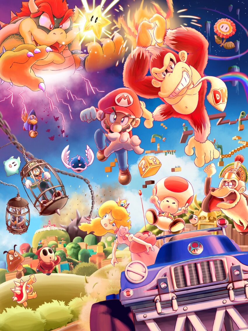 1girl 6+girls ?_block beard blonde_hair blue_shell blue_shell_(mario) bowser brick_block brown_hair cage car castle claws cranky_kong crown donkey_kong donkey_kong_(series) dress driving evil_grin evil_smile facial_hair fire fire_donkey_kong fire_flower gloves goomba grin highres horns image_sample jump kamek king_penguin_(mario) lightning looking_at_another luigi lumalee maribou_(supermaribou) mario mario_(series) mask motor_vehicle multiple_girls mustache night night_sky nintendo old old_man pink_dress piranha_plant princess_peach princess_peach&#039;s_castle rainbow_road red_eyes red_hair resolution_mismatch riding serious shy_guy sky smile source_larger spiny super_star_(mario) the_super_mario_bros the_super_mario_bros._movie toad_(mario) turnip_(mario) warp_pipe wings