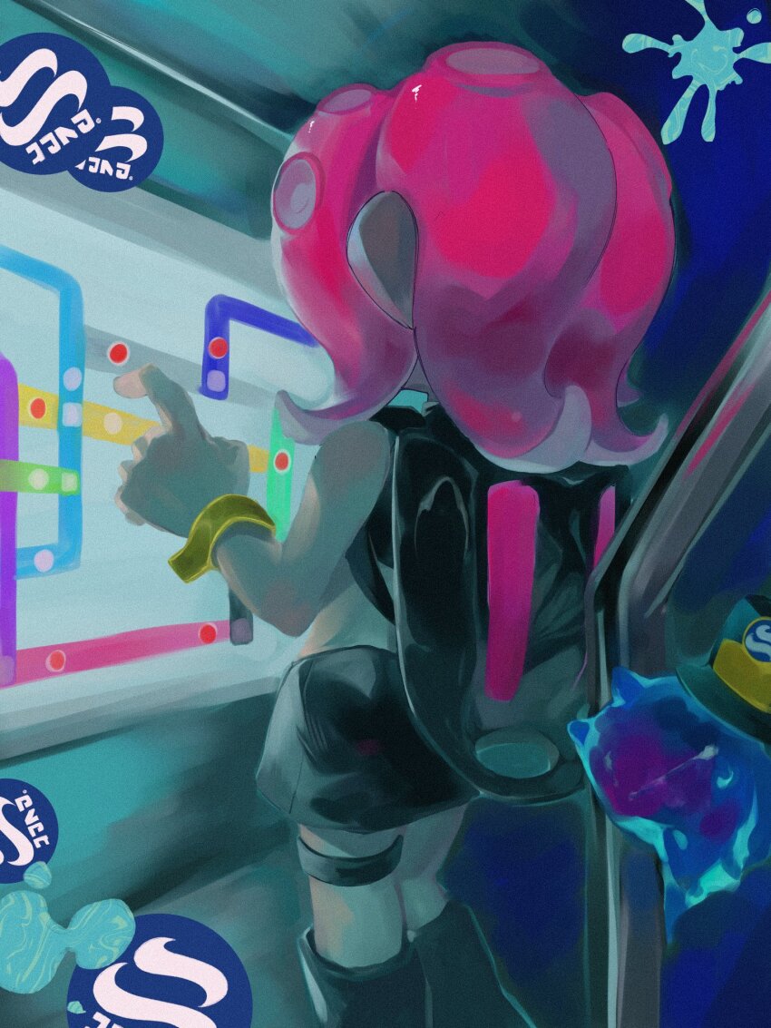 1girl agent_8_(splatoon) black_footwear black_shorts boots c.q._cumber_(splatoon) commentary ha_r_a_k highres map medium_hair nintendo octoling octoling_girl octoling_player_character pink_hair shorts splatoon_(series) splatoon_2 splatoon_2:_octo_expansion standing symbol-only_commentary tentacle_hair