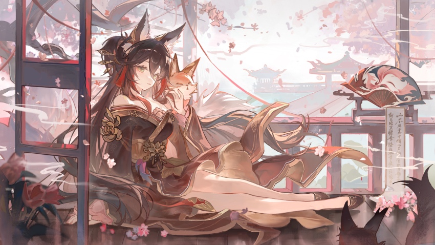 1girl absurdres animal_ear_fluff animal_ears architecture bare_legs black_dress black_shoes blinklikeer blue_eyes breasts brown_hair cherry_blossoms chinese_clothes closed_mouth day dress east_asian_architecture expressionless falling_petals flats floating_clothes floating_hair flower folding_fan fox fox_ears fox_girl fox_tail fugue_(honkai:_star_rail) full_body gradient_clothes gradient_dress green_eyes hair_between_eyes hair_ornament hairpin hand_fan highres honkai:_star_rail honkai_(series) lake long_hair long_sleeves looking_at_viewer medium_breasts multiple_hairpins multiple_tails off-shoulder_dress off_shoulder outdoors parted_lips petals pink_flower playing_with_own_hair ponytail railing shoes short_ponytail sitting smoke solo spring_(season) tail tassel tassel_hair_ornament tingyun_(honkai:_star_rail) very_long_hair wide_sleeves