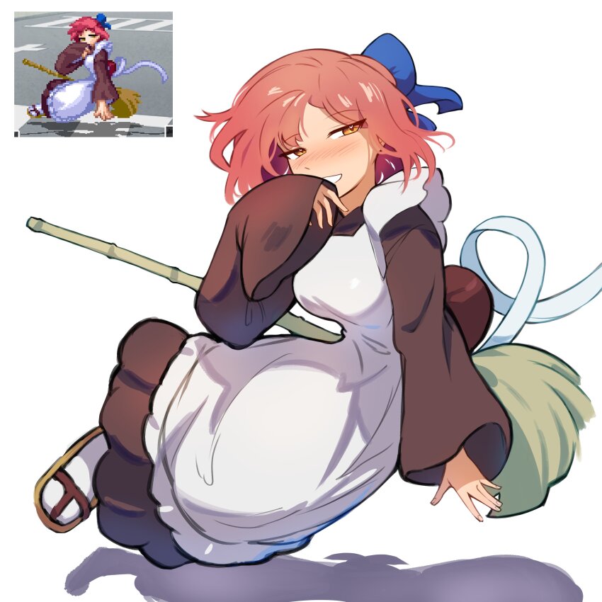 1girl absurdres apron blue_bow blush bow broom hair_bow highres kohaku_(tsukihime) long_sleeves maid maid_headdress melty_blood photo-referenced red_hair sandals short_hair smile solo tsukihime vinsycal yellow_eyes