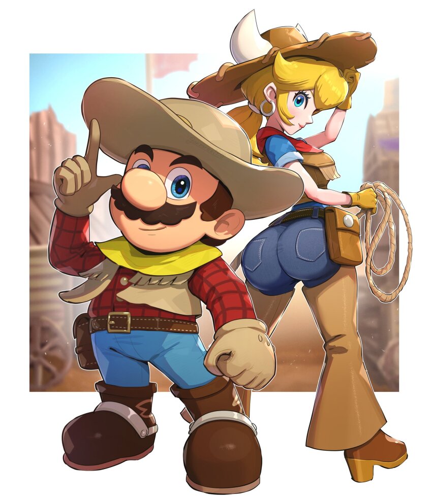 1boy 1girl ass bag bandana boots cowboy_boots cowboy_clothes cowboy_hat cowgirl_peach denim earrings gloves gonzarez hat high_heel_boots high_heels highres holster jewelry lasso long_sleeves mario mario_(series) nintendo princess_peach princess_peach:_showtime! rope shirt super_mario_odyssey vest