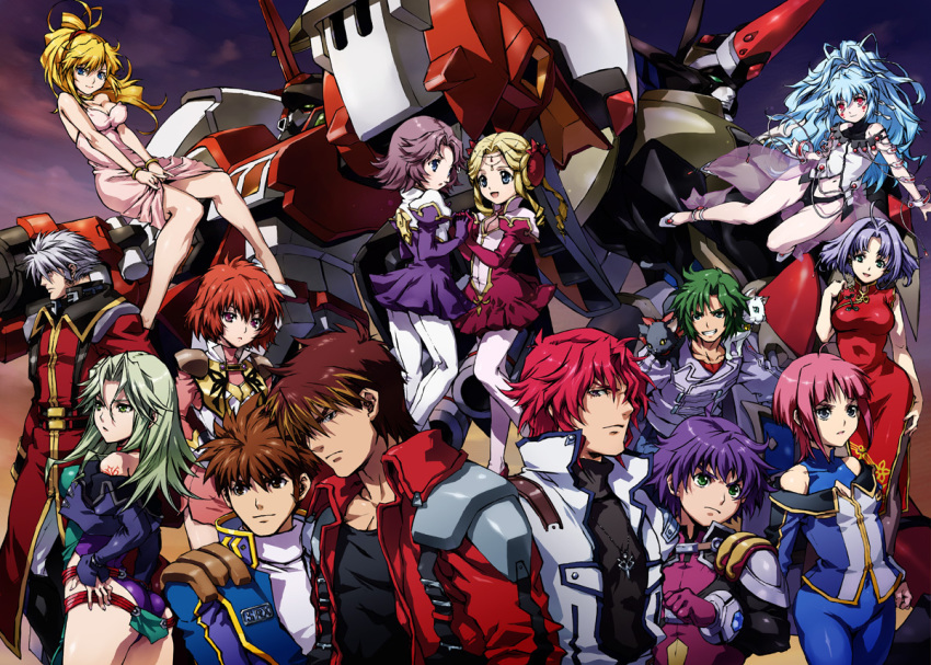 10s 6+boys 6+girls alfimi alteisen arado_balanga ass axel_almer banpresto bare_shoulders blonde_hair blue_eyes bracelet brown_eyes brown_hair cat china_dress chinese_clothes dress drill_hair excellen_browning green_eyes grey_hair grin hands_on_own_hips holding_hands ibis_douglas jewelry kuro_(srw) kyousuke_nanbu lamia_loveless latune_subbota light_purple_hair long_hair mai_kobayashi masaki_andoh md5_mismatch mecha midriff mitsuko_isurugi multicolored_hair multiple_boys multiple_girls nakamura_kanko navel pantyhose pendant pink_hair ponytail purple_eyes purple_hair red_eyes robot ryuusei_date sanger_zonvolt shine_hausen shiro_(srw) shoes short_hair smile super_robot_wars super_robot_wars_og_the_inspector super_robot_wars_original_generation super_robot_wars_original_generation_2 tattoo thrudgelmir two-tone_hair uniform v_arms