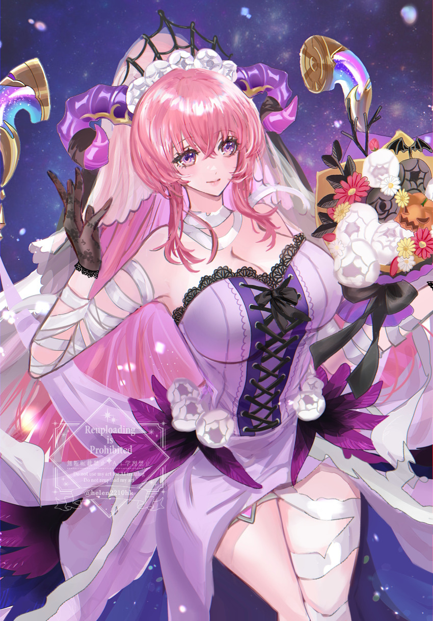 1girl absurdres armpits breasts cleavage closed_mouth dress eyelashes fire_emblem fire_emblem_heroes gloves goat_horns hair_between_eyes halloween_costume helen_(helen2210hk) highres horns huge_breasts jack-o&#039;-lantern long_hair looking_at_viewer nerthuz_(divine_abundance)_(fire_emblem) nerthuz_(fire_emblem) nintendo official_alternate_costume pink_hair ponytail purple_dress purple_eyes solo strapless strapless_dress thighs very_long_hair wide_hips