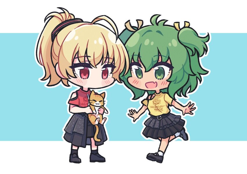2girls :3 :d ahoge akamirai ando_tazusa animal antenna_hair assault_lily belt belt_buckle black_belt black_footwear black_ribbon black_shorts black_skirt black_socks blonde_hair blue_background blush buckle cat chibi clothes_writing clothing_cutout commentary english_commentary fang frilled_skirt frills full_body green_eyes green_hair hair_between_eyes hair_ribbon hands_up high_ponytail holding holding_animal holding_cat jewelry layered_skirt leg_up looking_at_animal mary_janes miniskirt multiple_girls no_mouth official_alternate_costume open_mouth outline outstretched_arms ponytail print_shirt red_eyes red_shirt red_skirt ribbon ring shirt shoes short_hair short_sleeves shorts shorts_under_skirt shoulder_cutout single_bare_shoulder skin_fang skirt smile socks standing standing_on_one_leg two-tone_background two_side_up white_background white_outline white_socks yellow_ribbon yellow_shirt yoshimura_thi_mai