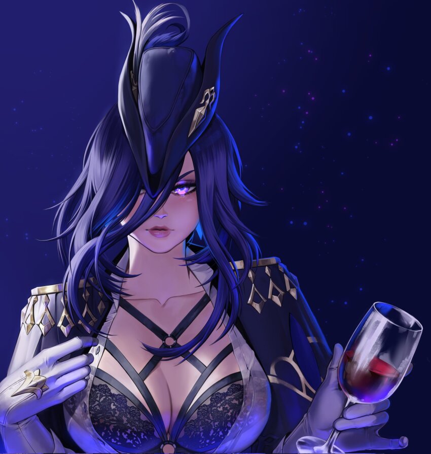 1girl alcohol blue_cape blue_hair blue_hat breasts cape cleavage clorinde_(genshin_impact) collarbone commentary cup dark_background dark_blue_hair drinking_glass english_commentary epaulettes genshin_impact gloves hair_between_eyes hair_over_one_eye hat hat_feather highres large_breasts lips long_bangs long_hair looking_at_viewer lunart o-ring open_clothes open_shirt purple_eyes shirt solo tricorne unbuttoned upper_body white_gloves white_shirt wine wine_glass