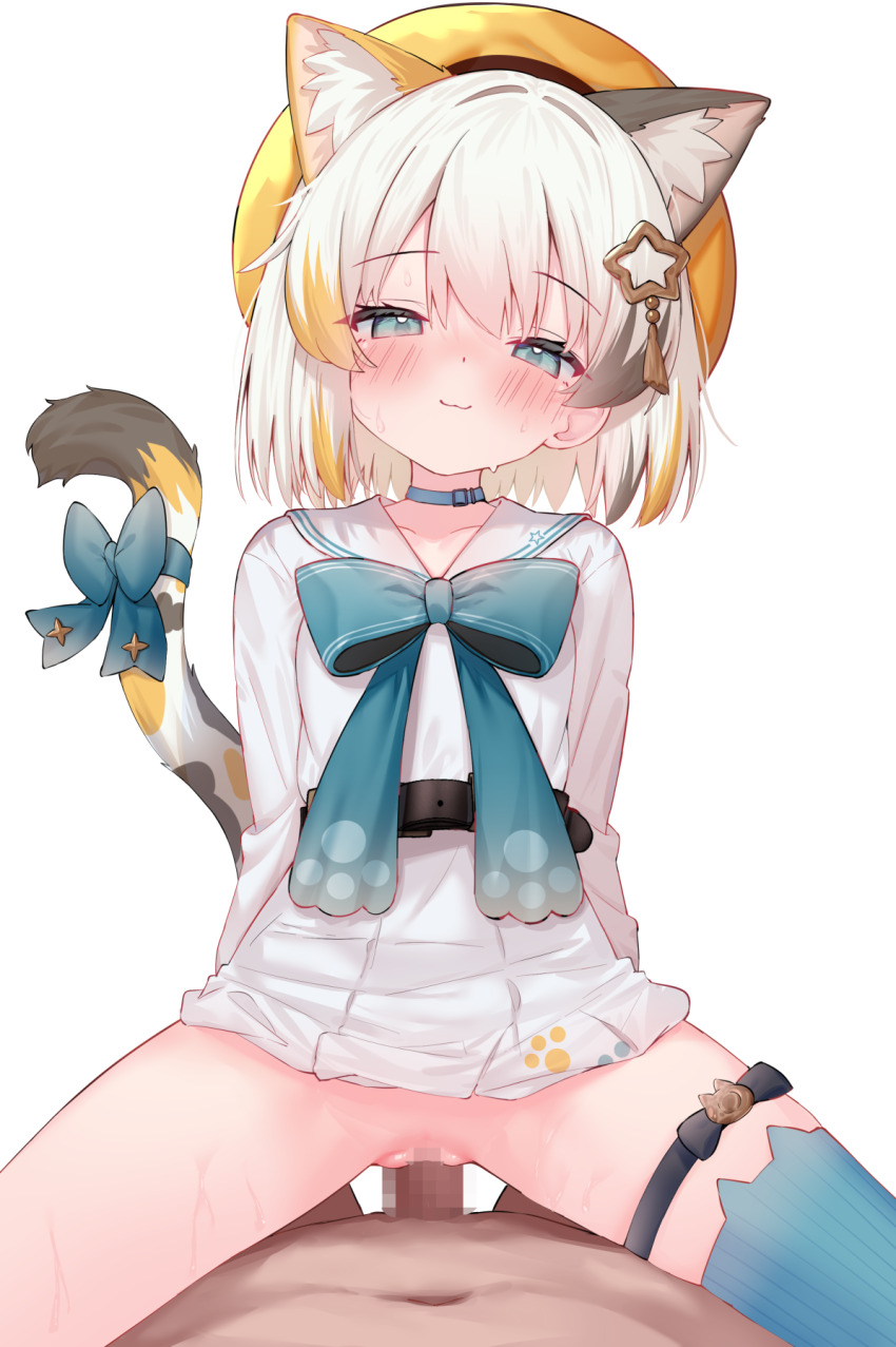 1boy 1girl animal_ear_fluff animal_ears blue_bow blush bow breasts cat_ears cat_girl cat_tail censored choker closed_mouth cowgirl_position dress eip_(pepai) girl_on_top hair_ornament hat hetero highres loli looking_at_viewer mosaic_censoring multicolored_hair original penis pov pussy sailor_collar sex simple_background small_breasts straddling tail thighhighs vaginal white_background white_dress white_hair yellow_hat