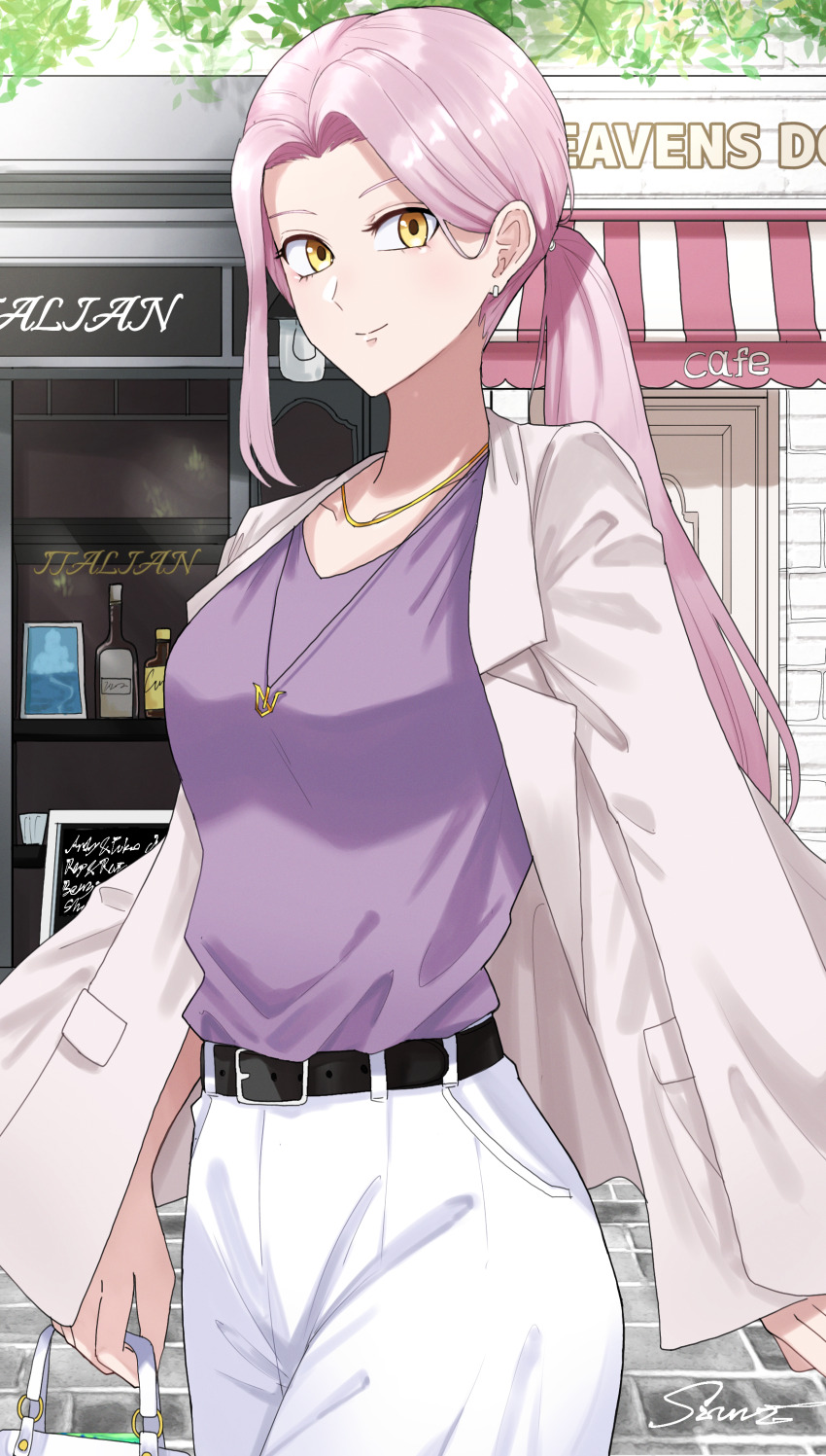1girl absurdres belt breasts brown_jacket casual day earrings highres jacket jewelry juiz_(undead_unluck) long_hair medium_breasts necklace outdoors pants pink_hair ponytail purple_shirt shirt shishiruto smile solo standing undead_unluck white_pants yellow_eyes