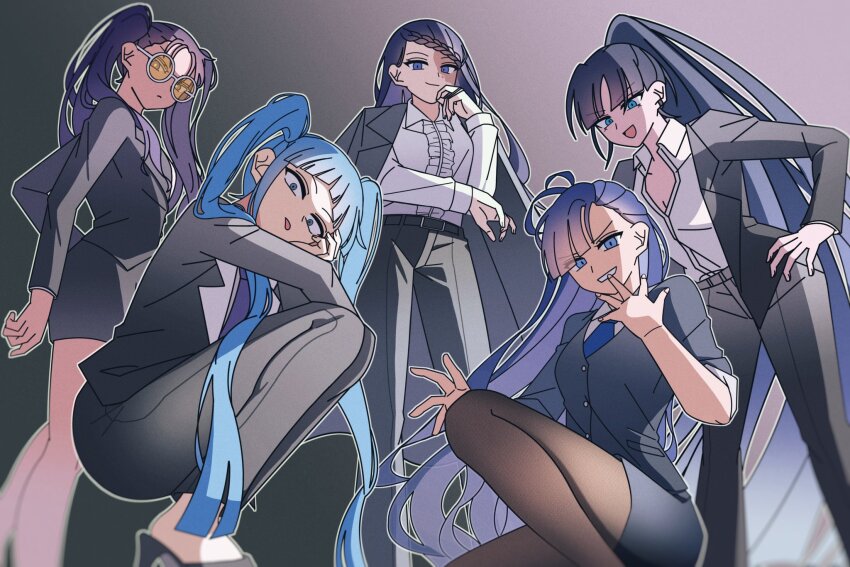 5girls ado_(utaite) ahoge belt black_belt black_coat black_footwear black_jacket black_pants black_pantyhose black_skirt blue_bow blue_bowtie blue_eyes blue_hair blue_jacket blue_skirt bow bowtie braid braided_bangs breasts center_frills cleavage coat coat_on_shoulders collared_shirt dress_shirt earclip frills gira-gira-chan_(ado) gira_gira gradient_background grey_pants hand_on_own_hip hand_up high_heels highres jacket long_hair long_sleeves looking_at_viewer merry_(ado) multiple_girls naima_(ado) odo-chan_(ado) odo_(song) office_lady open_clothes open_jacket open_mouth outline pants pantyhose parted_bangs pencil_skirt pike_(azas_ef) ponytail readymade_(ado) rule-chan_(ado) rule_(ado) shirt skirt squatting standing tinted_eyewear tongue tongue_out twintails twirling_hair usseewa white_outline white_shirt yellow-tinted_eyewear