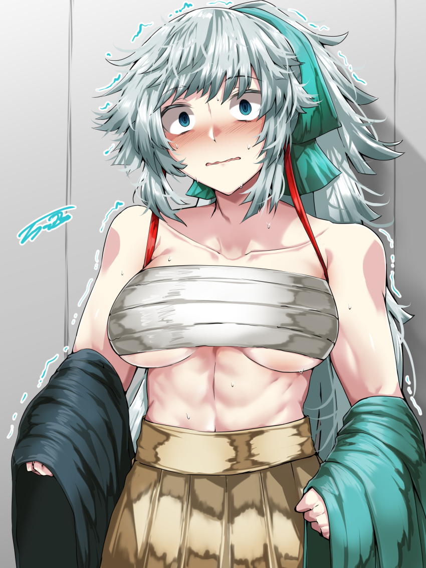 1girl abs artist_name bandaged_breasts bare_shoulders blue_eyes breasts collarbone fate/grand_order fate/samurai_remnant fate_(series) female_focus hair_ornament highres looking_at_viewer medium_breasts muscular muscular_female ponytail tgxx3300 white_hair yui_shousetsu_(fate)
