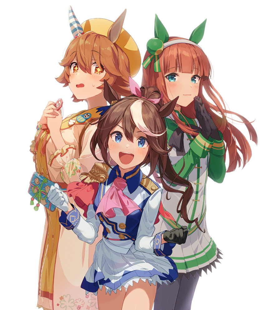 +_+ 3girls :d animal_ears aqua_eyes ascot asymmetrical_gloves black_bow black_bowtie black_gloves black_legwear blue_eyes blue_jacket blue_skirt blunt_bangs blush bow bowtie breasts brown_eyes brown_hair buttons cape capelet closed_mouth double-breasted ear_covers ear_ornament epaulettes flat_chest gloves hair_between_eyes hair_bow hair_ornament hairband high_ponytail highres horse_ears horse_girl jacket joey_koguma large_breasts long_hair long_sleeves looking_at_viewer matikanefukukitaru_(good_omen_first_storm)_(umamusume) matikanefukukitaru_(umamusume) miniskirt mismatched_gloves multicolored_hair multicolored_jacket multiple_girls open_mouth orange_hair pantyhose parted_lips pink_ascot pink_bow pleated_skirt ponytail red_cape red_capelet school_uniform shirt short_hair sidelocks silence_suzuka_(umamusume) simple_background single_ear_cover single_epaulette skirt smile standing streaked_hair sweatdrop tokai_teio_(umamusume) tracen_school_uniform two-tone_hair two-tone_jacket two-tone_skirt umamusume white_background white_gloves white_hair white_jacket white_skirt yellow_eyes