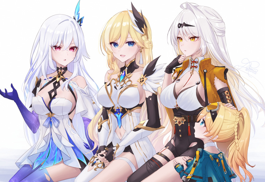 4girls absurdres aged_down arm_guards asymmetrical_gloves bare_shoulders black_gloves black_thighhighs blonde_hair blue_eyes breasts dress durandal_(honkai_impact) durandal_(reign_solaris)_(honkai_impact) elbow_gloves fingerless_gloves genshin_impact gloves hair_between_eyes hand_up highres honkai_(series) honkai_impact_3rd jacket looking_at_another looking_at_viewer mihoyo multiple_girls noto_mamiko open_clothes open_jacket open_mouth own_hands_clasped own_hands_together parted_lips pink_eyes rinna_(xxrinna) simple_background single_thighhigh sitting skirk_(genshin_impact) smile thighhighs uneven_gloves voice_actor_connection white_background white_dress white_hair white_thighhighs yellow_eyes yixuan_(zenless_zone_zero) zenless_zone_zero